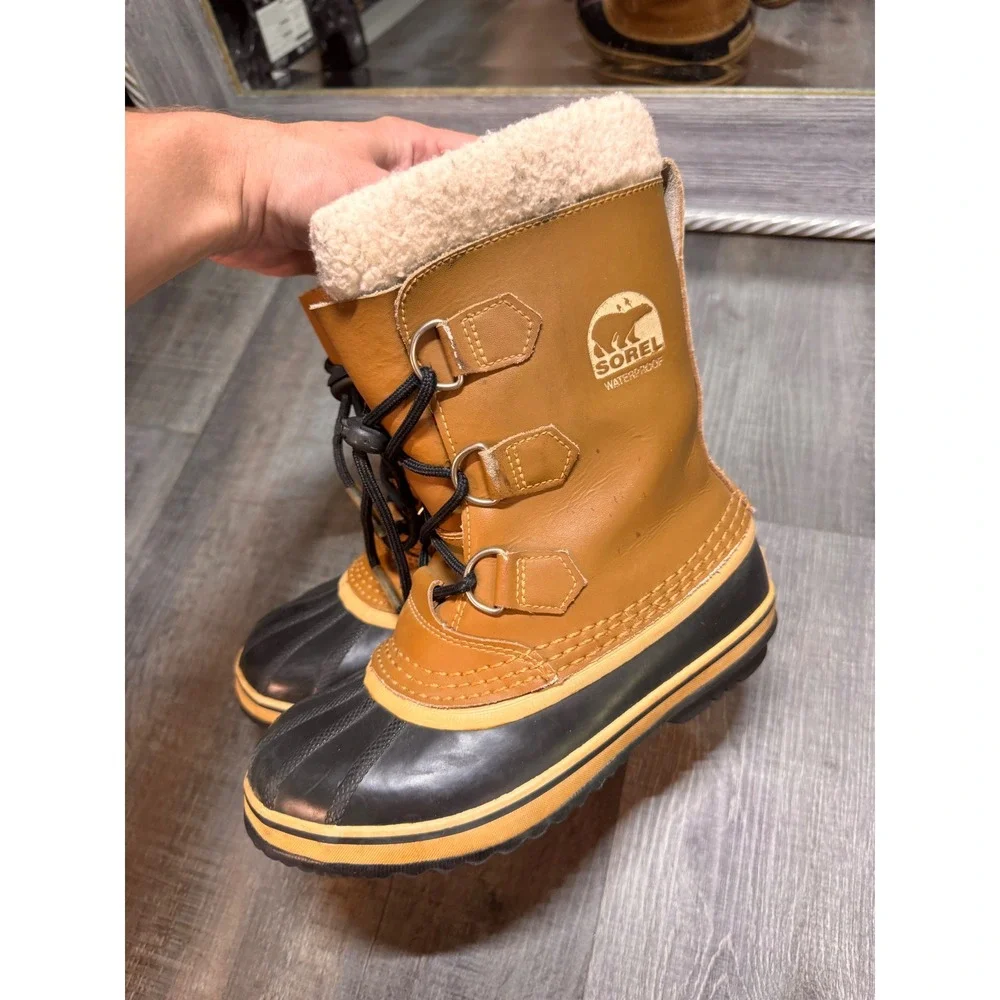Sorel 1964 Pac Kids Tan Leather Waterproof Winter Snow Boots NY1443-259 Size 3Y